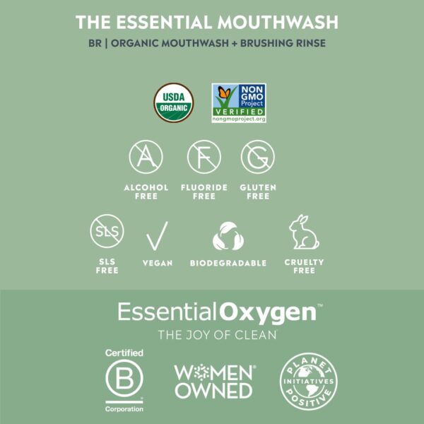 51vLbDdNAtL._SL1080_.jpg Essential Oxygen, Certified Organic Brushing Rinse, Combo, Peppermint, All Natural mouthwash, Dentist Recommended, Alcohol-Free Oral Care, 1 - 3 fl oz bottle and 1 - 16 fl oz bottle, BR (Pack of 2)