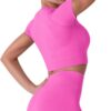 IWEMEK Women Seamless Yoga Outfits 2 Piece Workout Short Sleeve Crop Top with High Waisted Running Shorts Sets Activewear