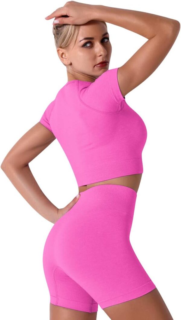 IWEMEK Women Seamless Yoga Outfits 2 Piece Workout Short Sleeve Crop Top with High Waisted Running Shorts Sets Activewear