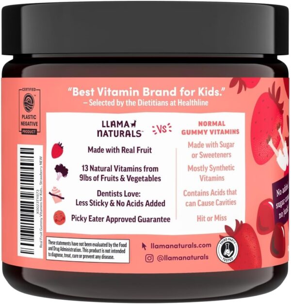 Llama Naturals Real Fruit Gummy Vitamins for Kids, No Added Sugar Cane, Beta Carotenes, Whole Food Multivitamin, Vegan Toddler Gummies, Plant Based, Organic, Chewable 90 ct (30-45 Days) Strawberry