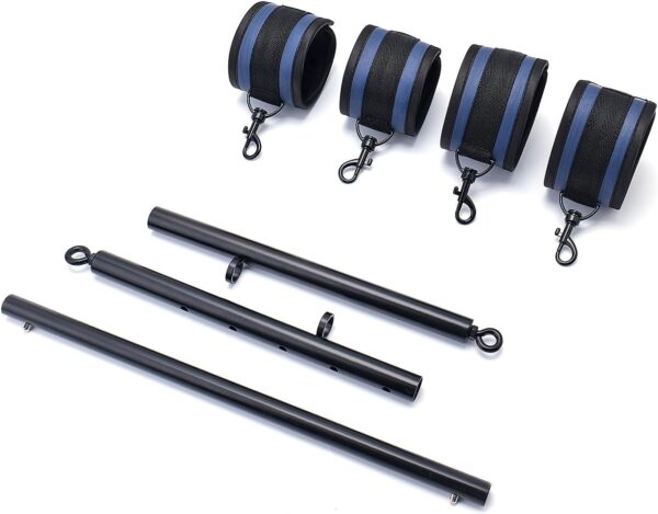 Spreader Bar Heavy Duty Stainless Steel Expandable Silver Bar Home Gym with 4pcs PU Purple Adjustable Strap,Sports Aid Training Fitness Gear Pilates Aid Kit,Yoga Set (Black+Blue PU Kit)