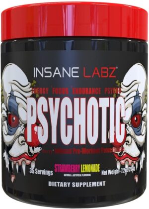 Insane Labz Psychotic, High Stimulant Pre Workout Powder, Extreme Lasting Energy, Focus and Endurance with Beta Alanine, Creatine Monohydrate, DMAE, 35 Srvgs (Strawberry Lemonade)