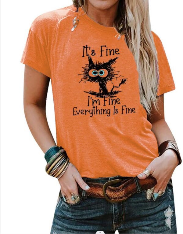 Women's I'm Fine Everything is Fine T-Shirts Short Sleeve Sayings Oversized Casual Cute Cat Graphic Tee Blouse Tops