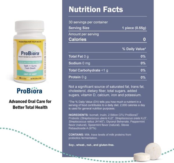 ProBiora Oral Probiotics for Teeth and Gums | Dental Probiotics for Improved Oral Health | Bad Breath Treatment for Adults | ProBiora3 Patented Probiotic Blend | Tooth Whitening | 30 Mint Tablets