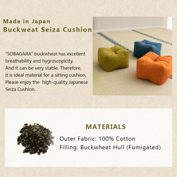 EMOOR Japanese Buckwheat Hulls Seiza Cushion Large 10x10x7in Made in Japan (Hemp-Leaves Blue), Natural Buckwheat Husks Sobagara Floor Sitting Pillow Tatami Cool Nap Side Sleepers