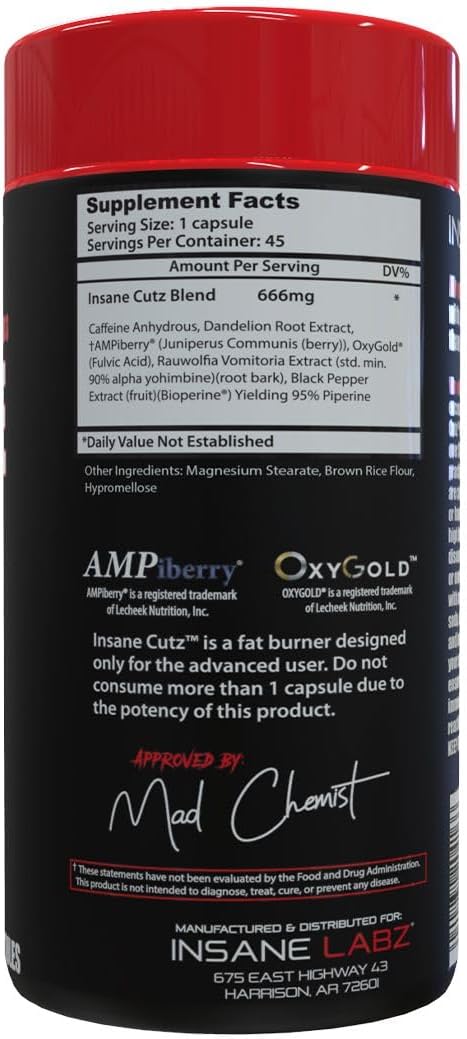 Insane Labz Insane Cutz Intense Fat Burner for Men and Women, Thermogenic Weight Loss Supplement with Dandelion Root Extract Fueled by AMPiberry, Appetite Suppressant - 45 Daily Srvgs (45 Capsules)