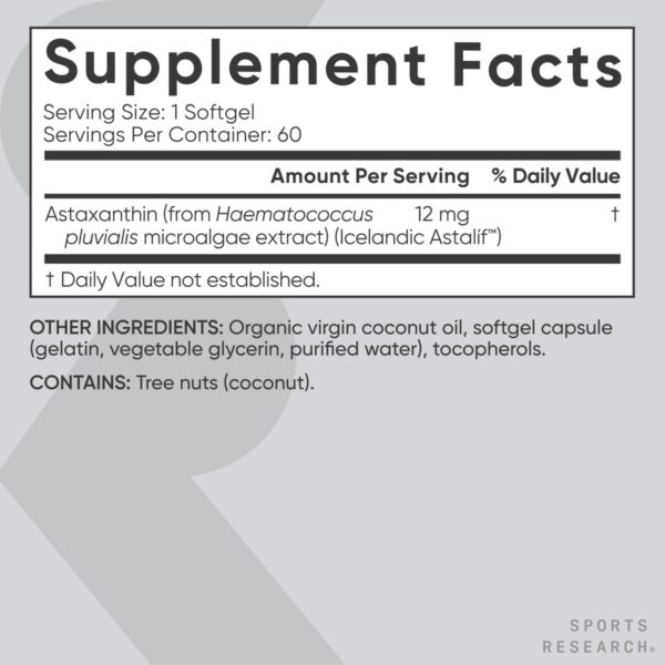 Sportgs Research Triple Strength Astaxanthin (12mg) with Organic Coconut Oil | Non-GMO, Soy & Gluten Free - 60 Mini Softgels (2 Month Supply)