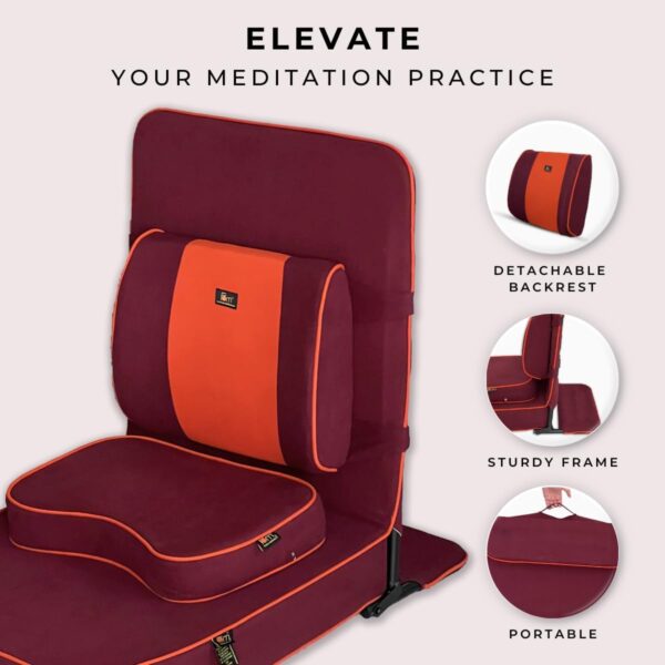 Friends Of Meditation Extra Large Meditation Chair and Yoga Chair with Back Support Cushion and Meditation Block | Yoga Chair for Adults | Premium Floor Chair | Portable | Maroon, Seat Size: 24x22 in