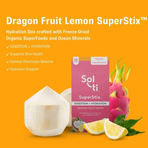 Sol-ti Organic Electrolyte Digestion + Hydration Drink Mix, Superfood Hydration Sticks, SuperStix, Non-GMO, Vegan, Dragon Fruit Lemon, 14 Sticks