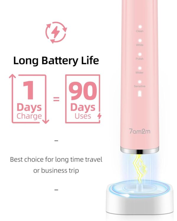 7AM2M Ultrasonic Electric Toothbrush with 6 Brush Heads for Adults&Kids, One Charge for 90 Days, Wireless Fast Charge, 5 Modes 40000VPM Powered Toothbrush, 2 Minutes Built in Smart Timer-Rose Pink