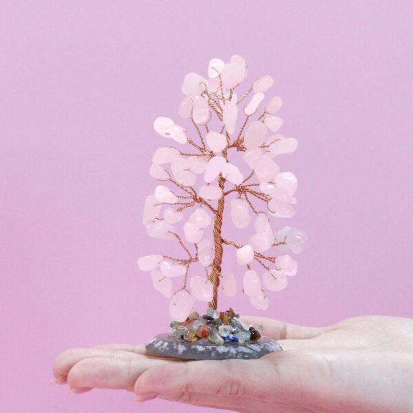 Rose Quartz Healing Crystal Tree of Life Natural Gemstone Agate Slice Base Copper Wire Wrapped Money Trees Pink Feng Shui Reiki Energy Decorations Home Office Room Desk Decor Gifts for Women Men