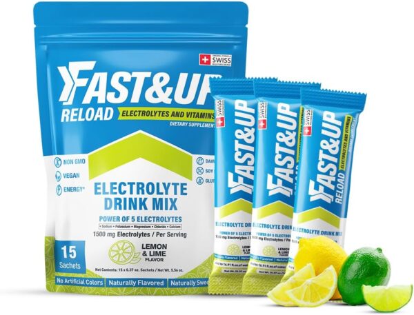 FAST&UP Reload – Lemon & Lime - Refreshing Electrolyte Drink Mix | Hydration Powder Packets | 1500 mg Electrolytes + Vitamins C & B12 | Easy to Open Single Serving Pack | 15 Servings