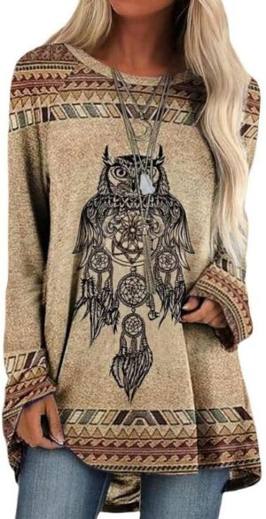 Bengbobar Western Sweatshirts for Women Native American Aztec Print Pullover Long Sleeve Crewneck Crewneck Sweatshirt