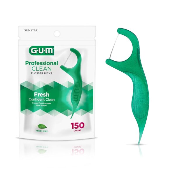 GUM Professional Clean Floss Picks - Extra Strong Shred-Resistant Floss, Easy Grip Handle - Dental Flossers for Adults - Fresh Mint Flavor, 150ct