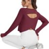 Mippo Cropped Long Sleeve Workout Tops Open Back Athletic Gym Yoga Shirts with Thumb Hole