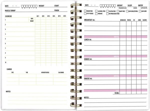 Food and Fitness Journal Meal Journal Diary Workout Wellness Log Notebook Planner Weight Loss Diet Meal Exercise Training Health Tracker 6.1" x 8.5" Hard Cover