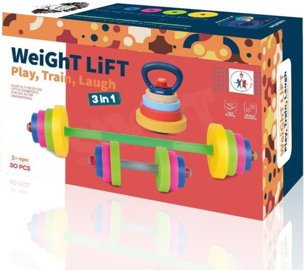 Kids Exercise Weight Set - 3-in-1 Adjustable Workout Toy Equipment for Children Pretend Play Exercise - Toddler Beginner Gym, Fitness, Weightlifting and Powerlifting (Dumbbell, Barbell, Kettlebell)