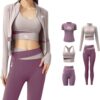 Women Activewear Gymwear Yoga Suit Athleisure Five Piece Set, T-Shirt, Jacket, Sports Bra, Leggings, Running Shorts