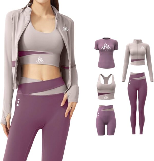 Women Activewear Gymwear Yoga Suit Athleisure Five Piece Set, T-Shirt, Jacket, Sports Bra, Leggings, Running Shorts