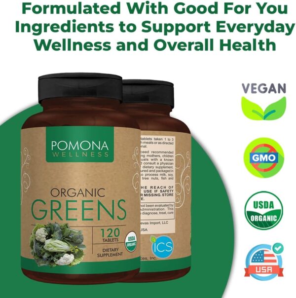 Pomona Wellness Super Greens Supplement, Full Of Superfood Vitamins & Minerals, Fruits & Vegetable, Greens Powder for Bloating and Digestion, Gut Health, USDA Organic, Non-GMO, 120 Tablets