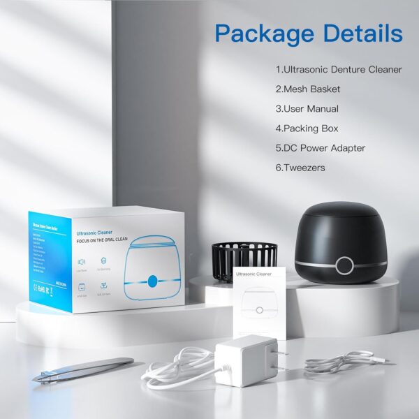 Ultrasonic Retainer Cleaner, 45kHz Denture Cleaner Machine, 5min and 10min Modes with Rechargable Top Cover, 200ml Dental Cleaning Pod, MouthGuard Cleaner for Aligner NightGuard Jewelry(Black)
