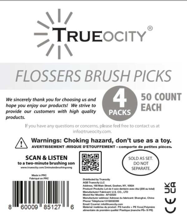 Trueocity Dental Flossers Brush Picks 4 Pack w/Travel Case (200 Total Count), Dental Floss Glides Easy, Flosser Helps Prevent Tooth Decay & Gum Disease, Easy Grip, Flossers for Adults, Mint Flavored