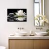 LZIMU Zen Canvas Wall Art White Lotus and Black Zen Stones Bloom in Water Picture Prints for Yoga Spa Meditation Spiritual Room Bathroom Decor (Zen-1, 16"x24")