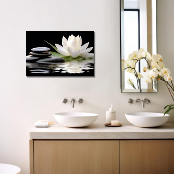 LZIMU Zen Canvas Wall Art White Lotus and Black Zen Stones Bloom in Water Picture Prints for Yoga Spa Meditation Spiritual Room Bathroom Decor (Zen-1, 16"x24")