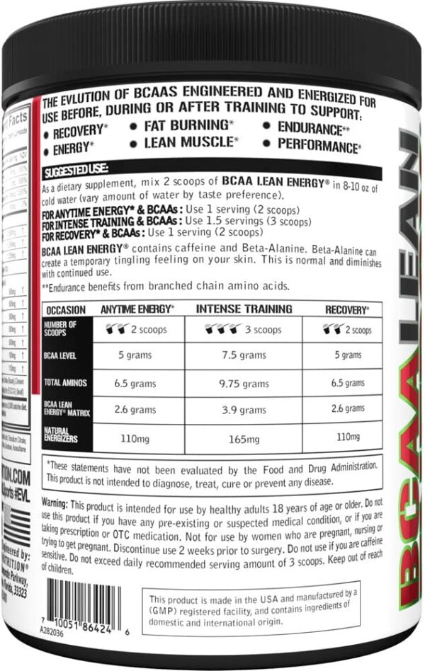 EVL BCAA Lean Energy Powder - Pre Workout Green Tea Fat Burner Support with BCAAs Amino Acids and Clean Energizers - Post Workout Recovery Drink for Lean Muscle Recovery - Cherry Limeade