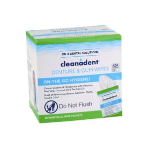 Dr. B Dental Solutions Cleanadent Wipes - Convenient Denture Cleaning Wipes, Refreshes Gums, No Artificial Colors/Flavors - 30 Pack