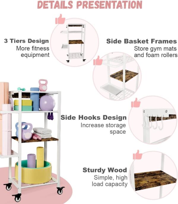 Yoga Mat Storage Rack with Wheels, 3 Tier Home Gym Workout Equipment Organizer for Dumbbells, Kettlebells, Foam Rollers