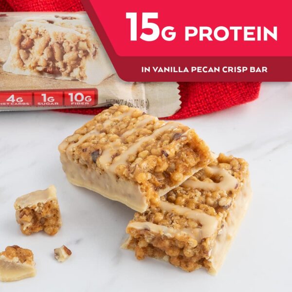 Atkins Vanilla Pecan Crisp Protein Meal Bar, High Fiber, 1g Sugar, 4g Net Carb Meal Replacement, Keto Friendly, 5 Count