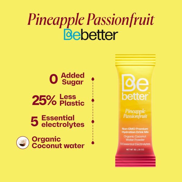 BeBetter Organic Electrolytes Powder Packets | Daily Electrolyte Drink Mix | Organic Coconut Water | No Artificial Flavors | Sugar Free Hydration Packets | non-GMO 22 Sticks (Pineapple & Passionfruit)