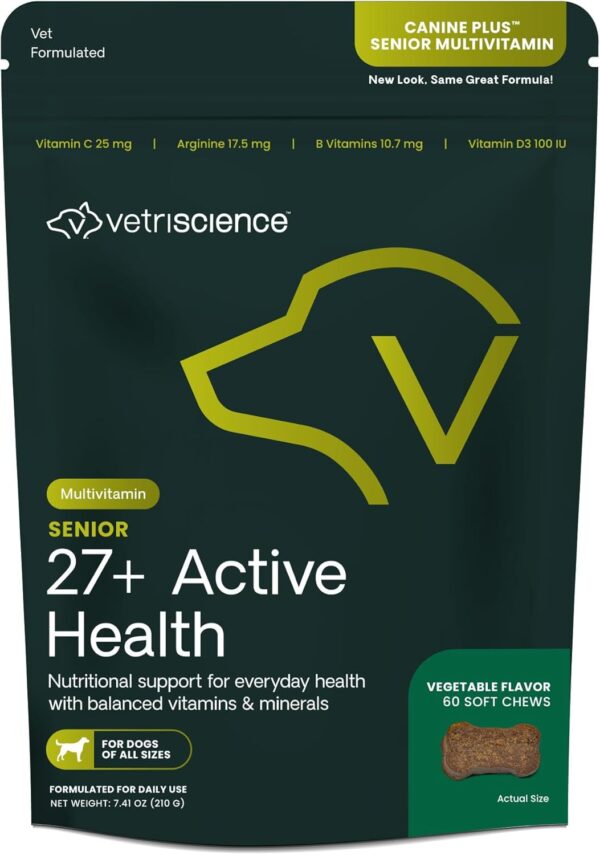 VetriScience Senior 27+ Active Health Chews, Canine Plus Daily Multivitamin for Senior Dogs, Vitamins, Minerals & Antioxidants, Health & Wellness Support, Veggie, 60 Count