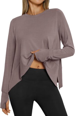 AUTOMET Women Curved Hem Long Sleeve Workout Crop Tops Trendy Athletic Yoga Gym Shirts with Thumb Hole 2024