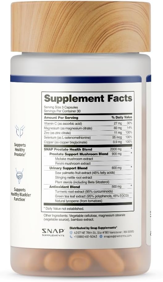 Snap Supplements Prostate Health Support Supplement, Saw Palmetto for Men Plus Stinging Nettle Root, Magnesium Citrate, Zinc and Plant Sterols, Supports Male Urinary Tract Health, 90 Capsules