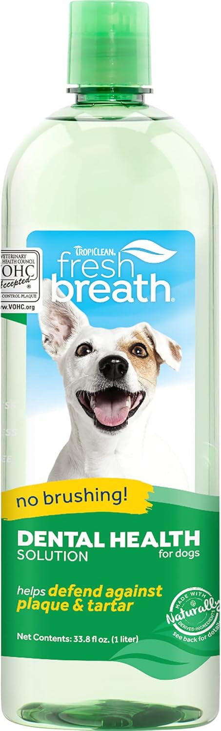TropiClean Fresh Breath Water Additive for Dogs | Dog Breath Freshener & Teeth Cleaning Solution | No Toothpaste or Toothbrush Required | 33.8 oz