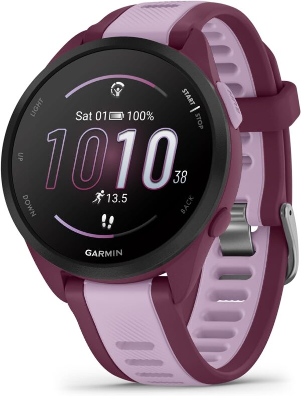 Wearable4U Garmin Forerunner 165 Music Running Smartwatch, Colorful AMOLED Touchscreen, Training Metrics and Recovery Insights Includes PowerPack +Adapters Bundle, Berry/Lilac