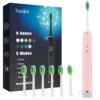 7AM2M Ultrasonic Electric Toothbrush with 6 Brush Heads for Adults&Kids, One Charge for 90 Days, Wireless Fast Charge, 5 Modes 40000VPM Powered Toothbrush, 2 Minutes Built in Smart Timer-Rose Pink