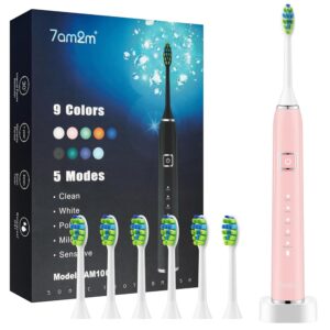 7AM2M Ultrasonic Electric Toothbrush with 6 Brush Heads for Adults&Kids, One Charge for 90 Days, Wireless Fast Charge, 5 Modes 40000VPM Powered Toothbrush, 2 Minutes Built in Smart Timer-Rose Pink