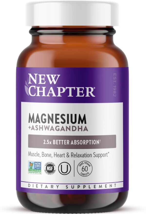 616Fzne7YL._AC_SL1500_.jpg New Chapter Magnesium + Ashwagandha Supplement, 325 mg with Magnesium Glycinate, 2.5x Absorption, Muscle Recovery, Heart & Bone Health, Calm & Relaxation, Gluten Free, Non-GMO - 60 ct (2 Month Supply)