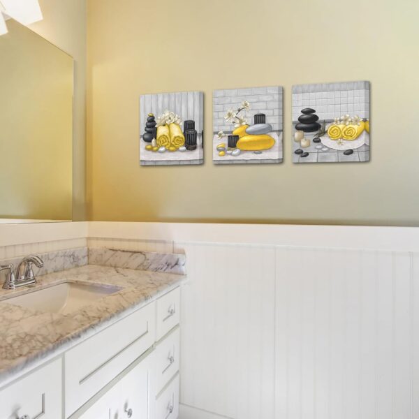 RnnJoile Spa Canvas Wall Art Zen Stone Orchid Picture Painting Yellow Still Life Prints for Bathroom Zen Meditation Room Decor Framed 12"x12" for Each