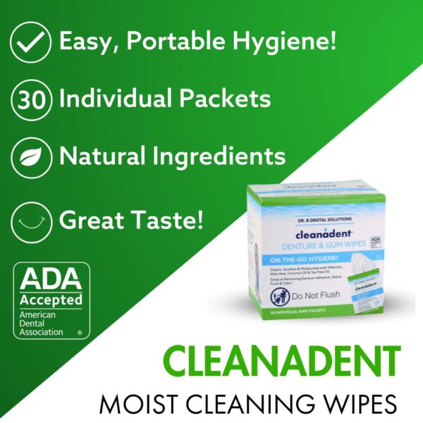 Dr. B Dental Solutions Cleanadent Wipes - Convenient Denture Cleaning Wipes, Refreshes Gums, No Artificial Colors/Flavors - 30 Pack