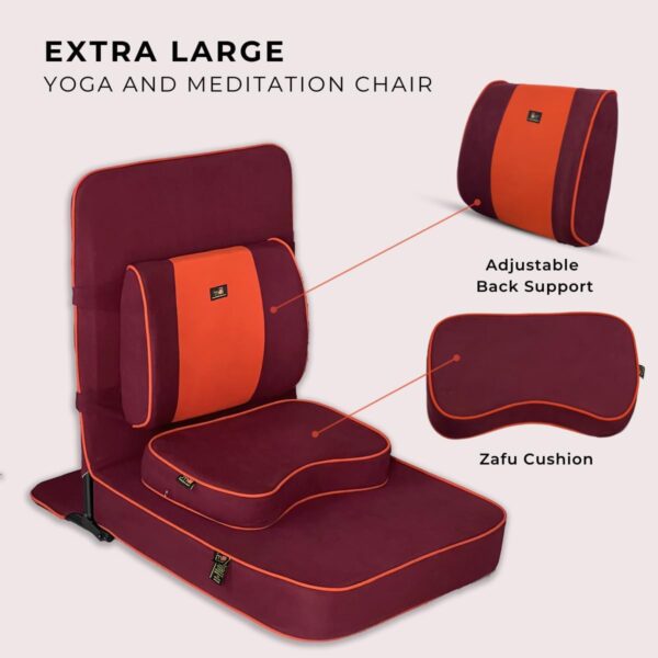 Friends Of Meditation Extra Large Meditation Chair and Yoga Chair with Back Support Cushion and Meditation Block | Yoga Chair for Adults | Premium Floor Chair | Portable | Maroon, Seat Size: 24x22 in