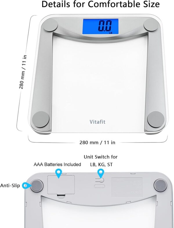 Vitafit Digital Bathroom Weight Scale for Body Weight, High Accuracy Assured by Weighing Professional Since 2001,Extra Large Blue Backlit LCD and Step-On, 400lb/180kg, Clear Glass