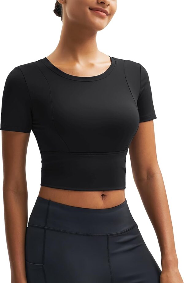 MAGCOMSEN Women's Crop Workout Tops Yoga Short Sleeve Athletic Shirts Cropped Slim Fit Gym Clothes Tight Tshirt Exercise