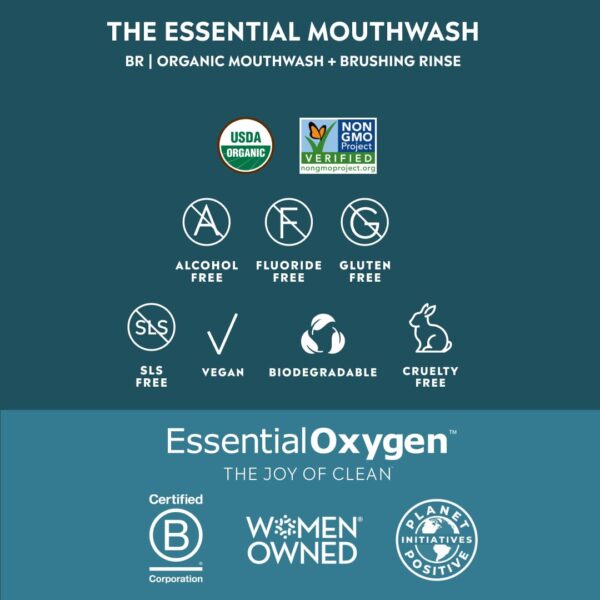 Essential Oxygen Certified BR Organic Brushing Rinse, All Natural Mouthwash for Whiter Teeth, Fresher Breath, and Happier Gums, Alcohol-Free Oral Care, Wintergreen, 16 Ounce