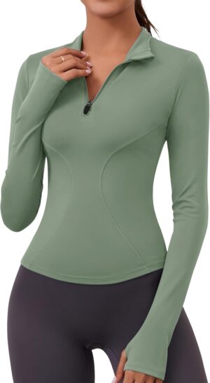 LOMON Womens Long Sleeve Workout Tops Quick Dry Quarter Zip Pullover Crop Yoga Athletic Slim Fit Shirts