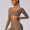 ABOCIW Womens Workout Crop Top Halter Long Sleeve Sports Bra Low Medium Impact Yoga Top T Shirts with Built in Bra