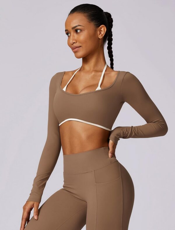 ABOCIW Womens Workout Crop Top Halter Long Sleeve Sports Bra Low Medium Impact Yoga Top T Shirts with Built in Bra